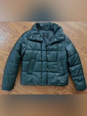 7 For All Mankind Dark Green Faux Leather Quilted Puffer Jacket